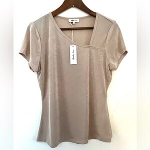 NWT Another Love Knit Jersey Asymmetrical Neckline Cap Sleeve Tan Size M